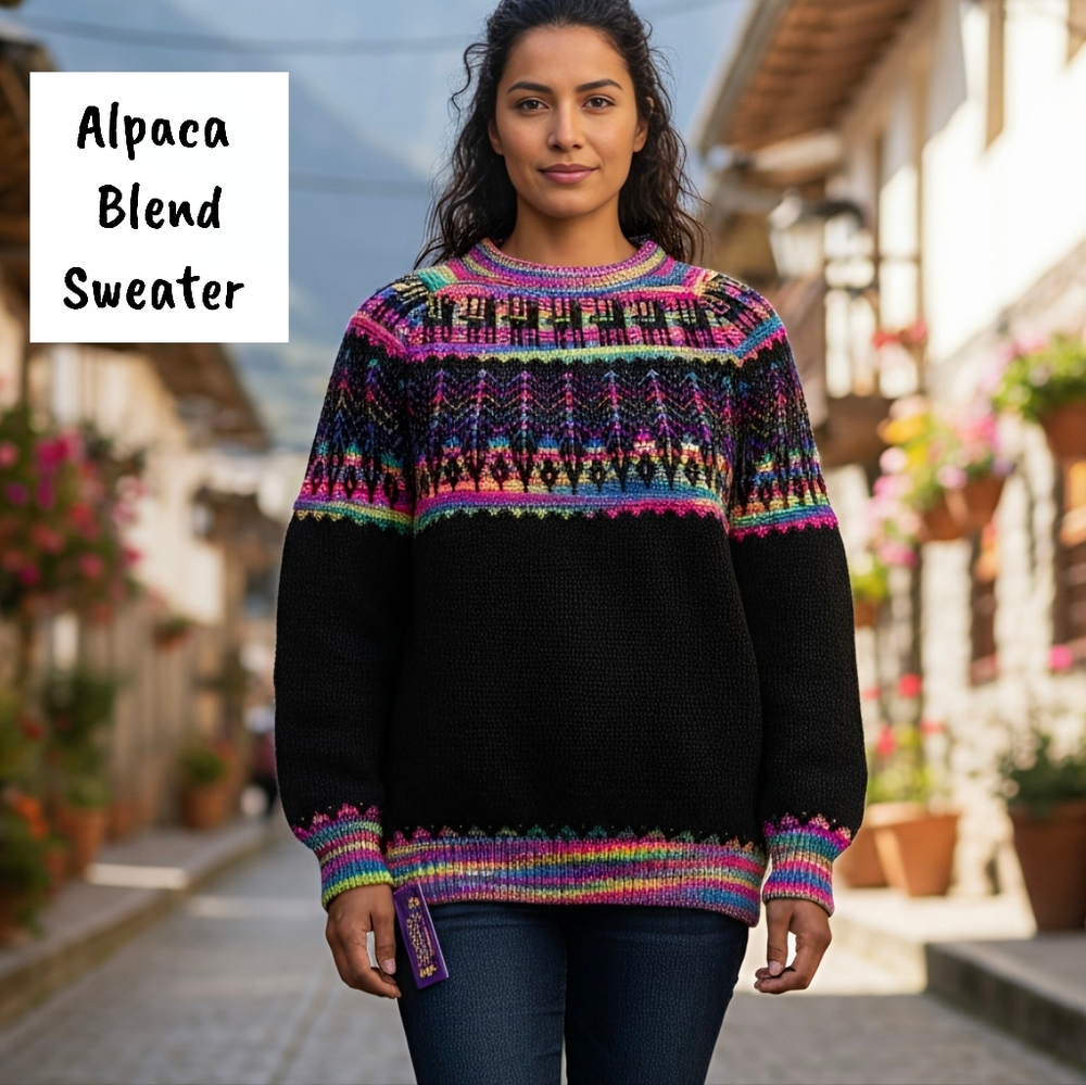 Black Rainbow Alpaca Blend Crewneck Sweater